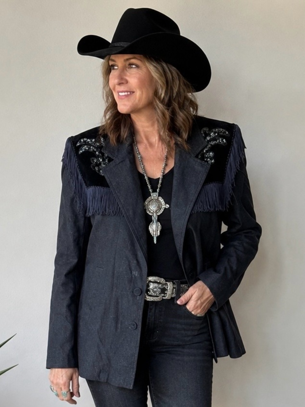Vintage Black Denim Velvet Sequin Fringe Western Rodeo Blazer Jacket Medium